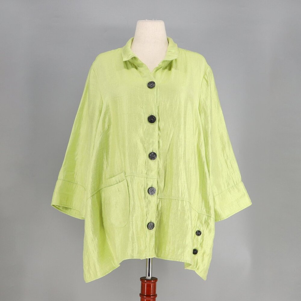 ALI MILES Crinkle Sheen Button Detail Jacket Tunic Top Lime Green Size 1X